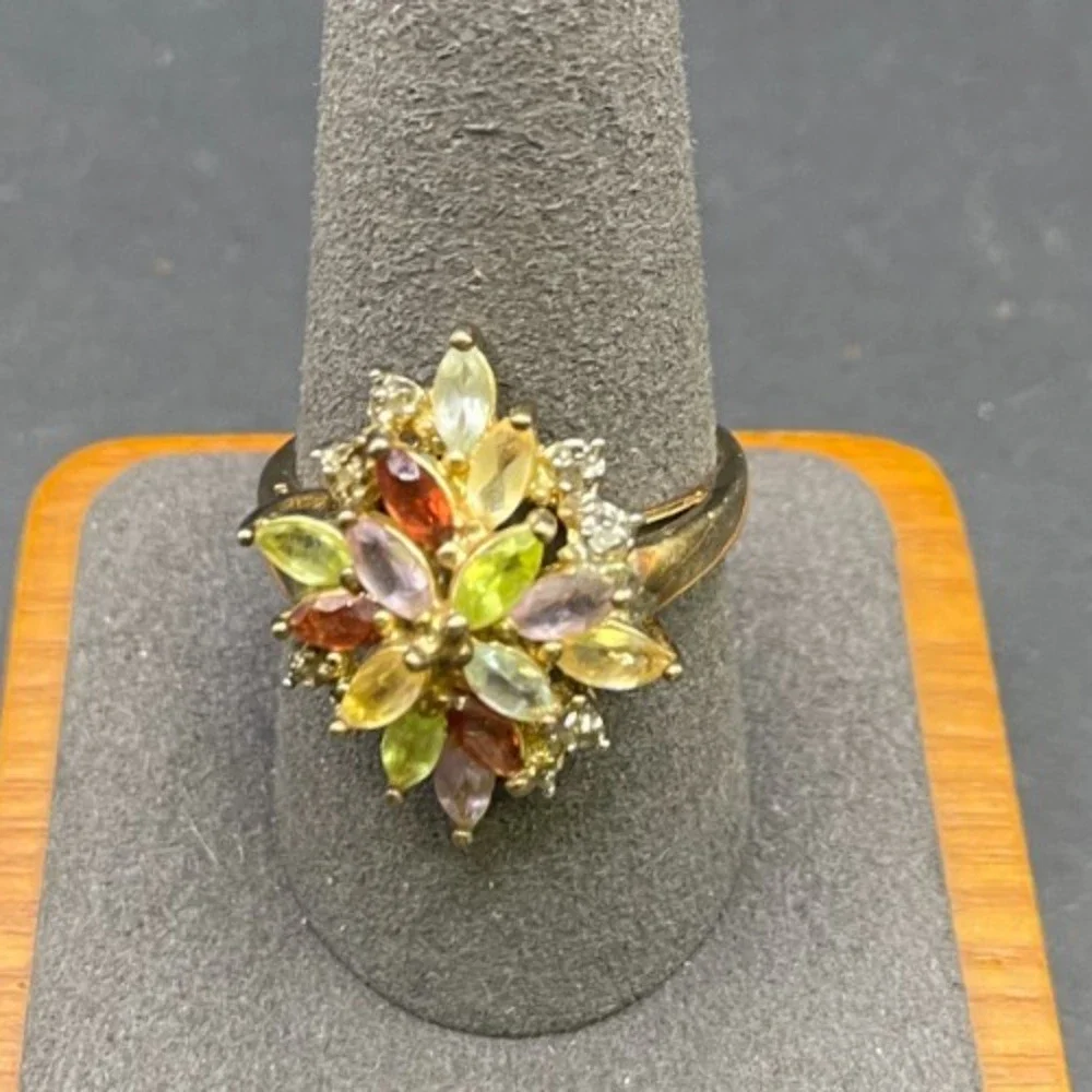 Vintage 925 Sterling Silver Gold Vermeil Multi-Gemstone Cluster Ring Size 10
